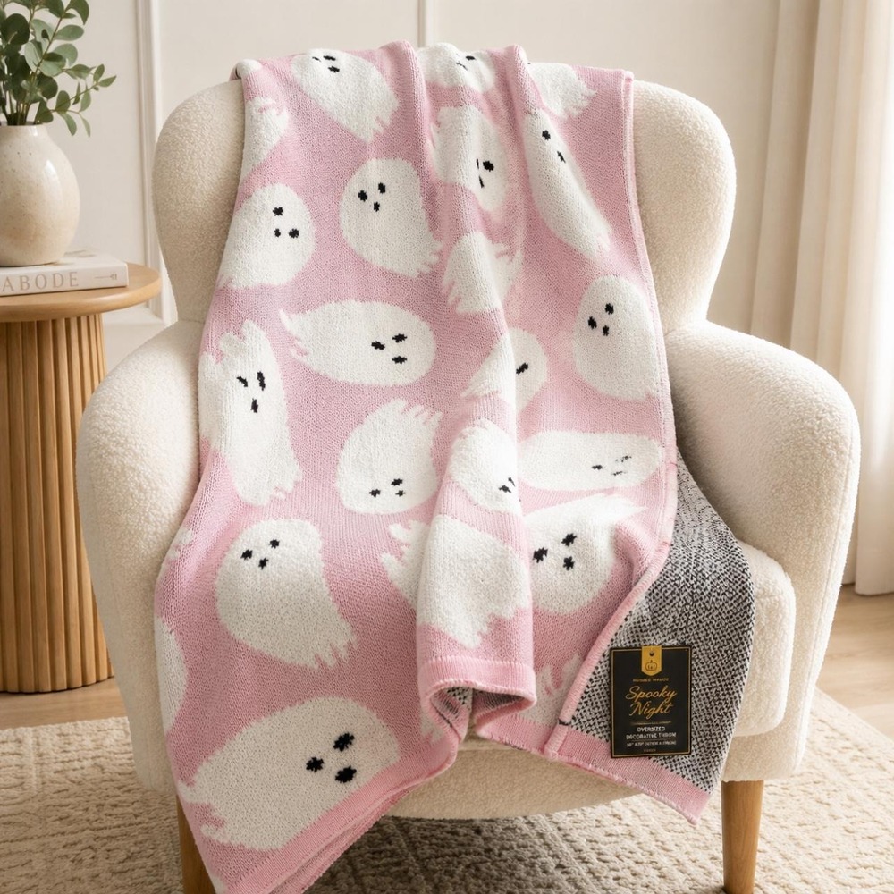 Spooky Night Pink Decorative Throw Oversized Ghost Blanket Spooky Cute 50x70 in